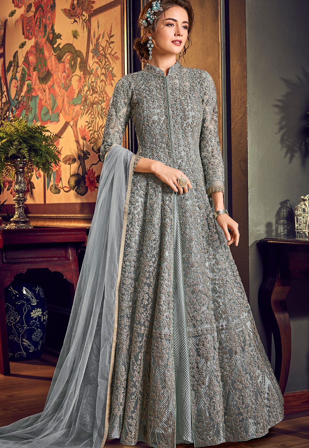 Grey Bridal Anarkali Gown In Net Lucknowi Work SFYS61304 – ShreeFashionWear