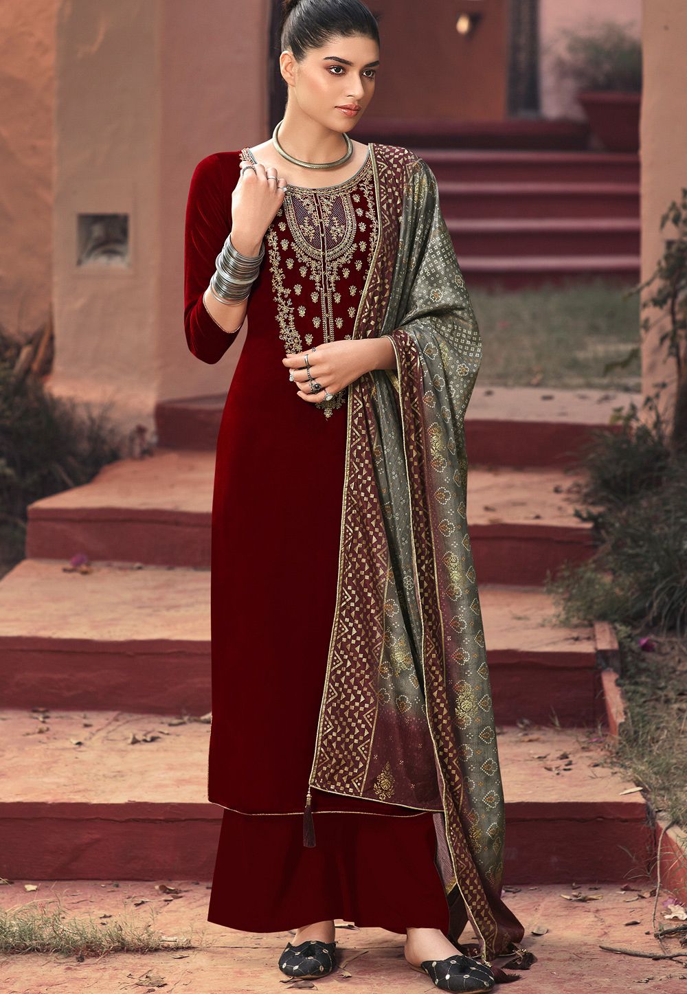 Buy Dark Green Velvet Fabric Palazzo Suit Online - SALA2489 | Appelle  Fashion