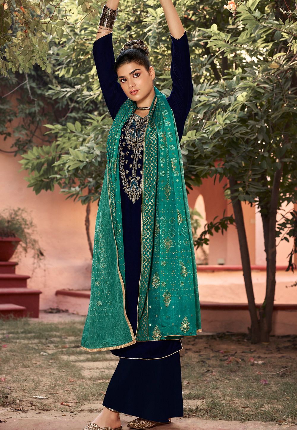 Blue Velvet Indian Sangeet Plus Size Palazzo Suit SFSTL22901 – Siya Fashions