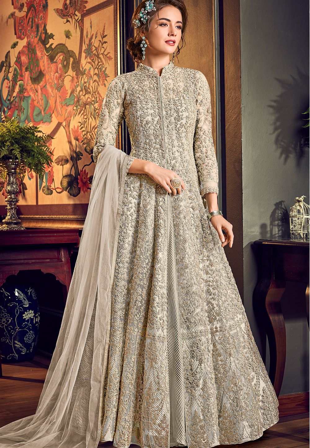 Printed Cotton Anarkali Suit in Off White : KER43