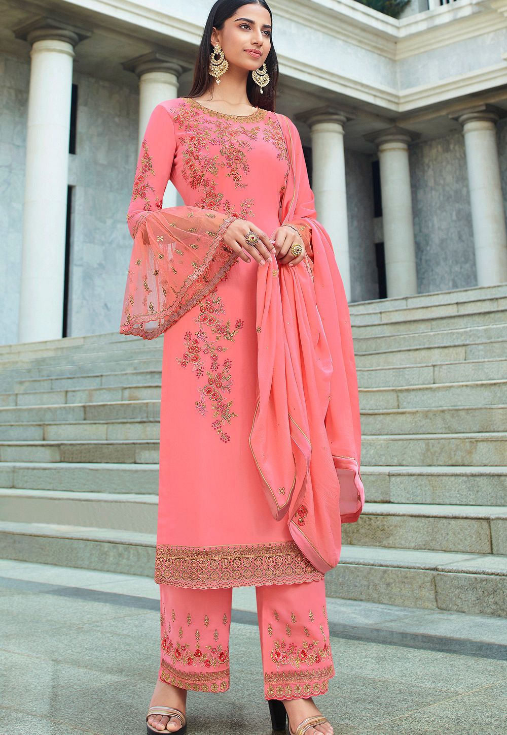 pink georgette embroidered straight trouser suit 18092