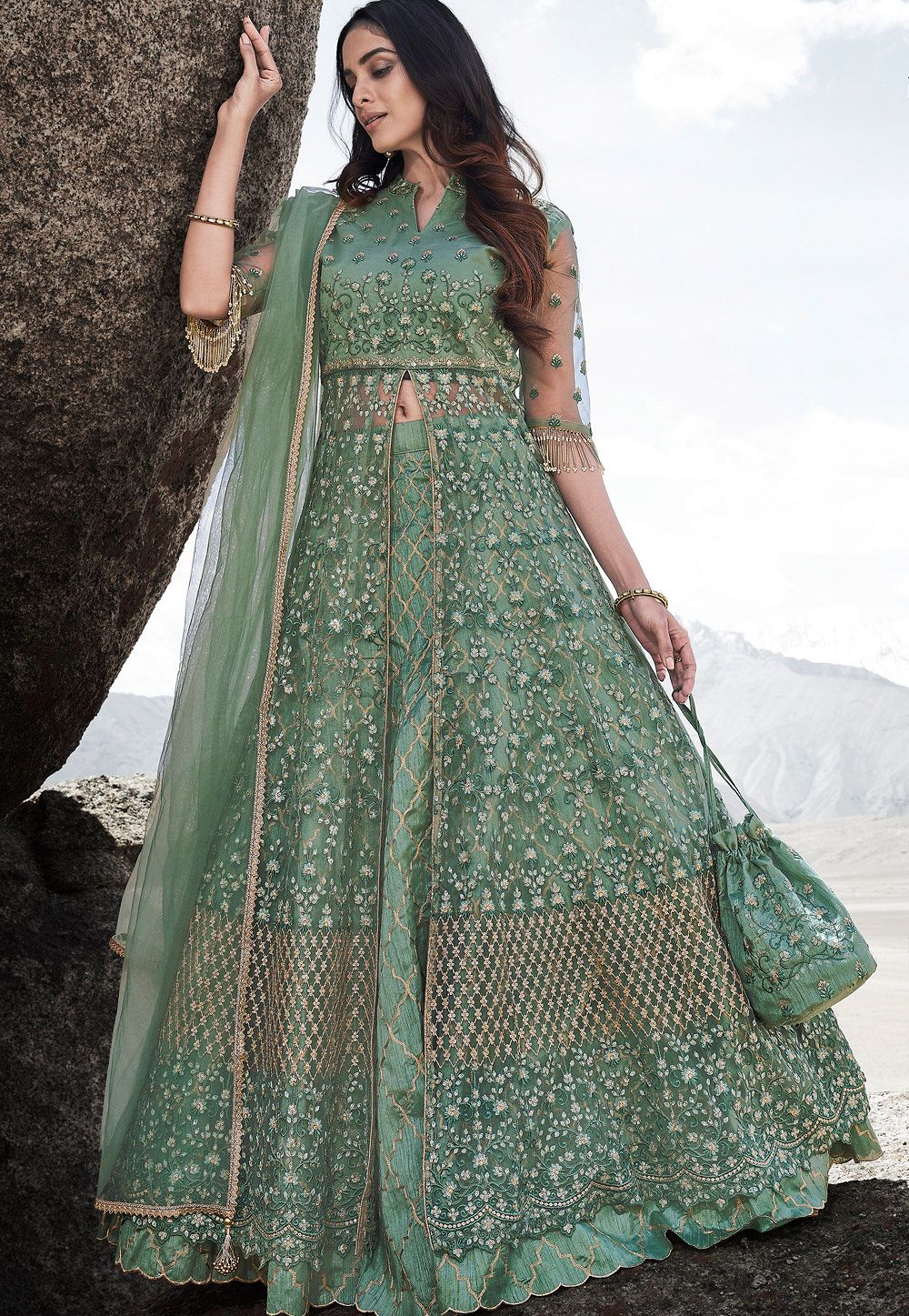 sea green net embroidered lehenga style anarkali suit 83002