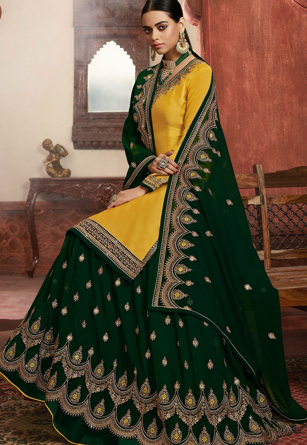 yellow green satin georgette embroidered lehenga style suit 6107