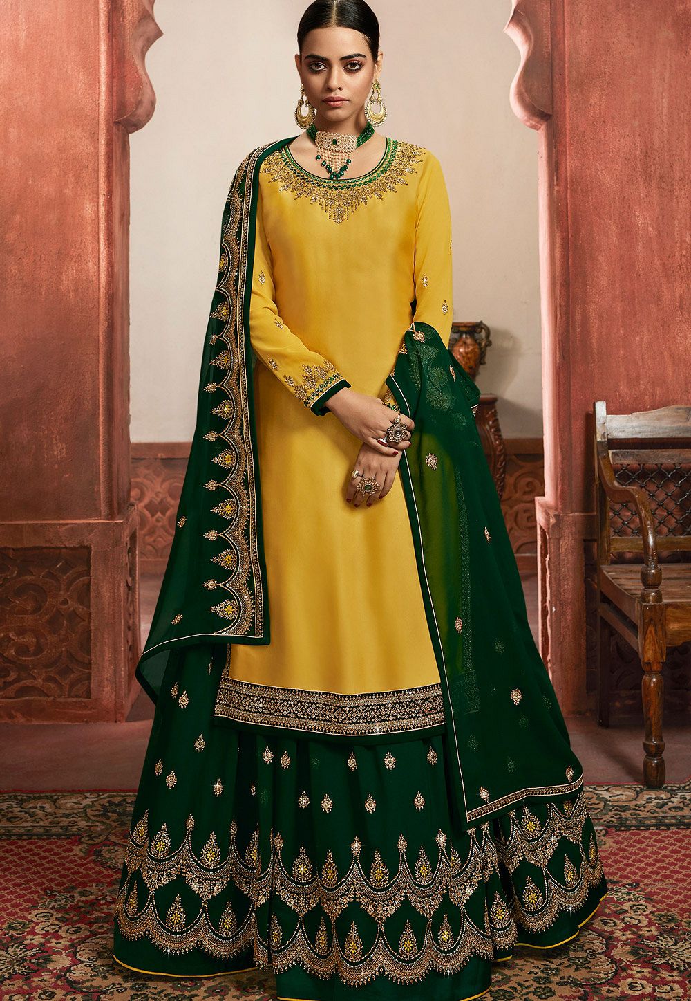 Buy Mint Green Embroidered Lehenga Paired With A Mustard Yellow Embroidered  Blouse And Dupatta by Designer JAYANTI REDDY Online at Ogaan.com