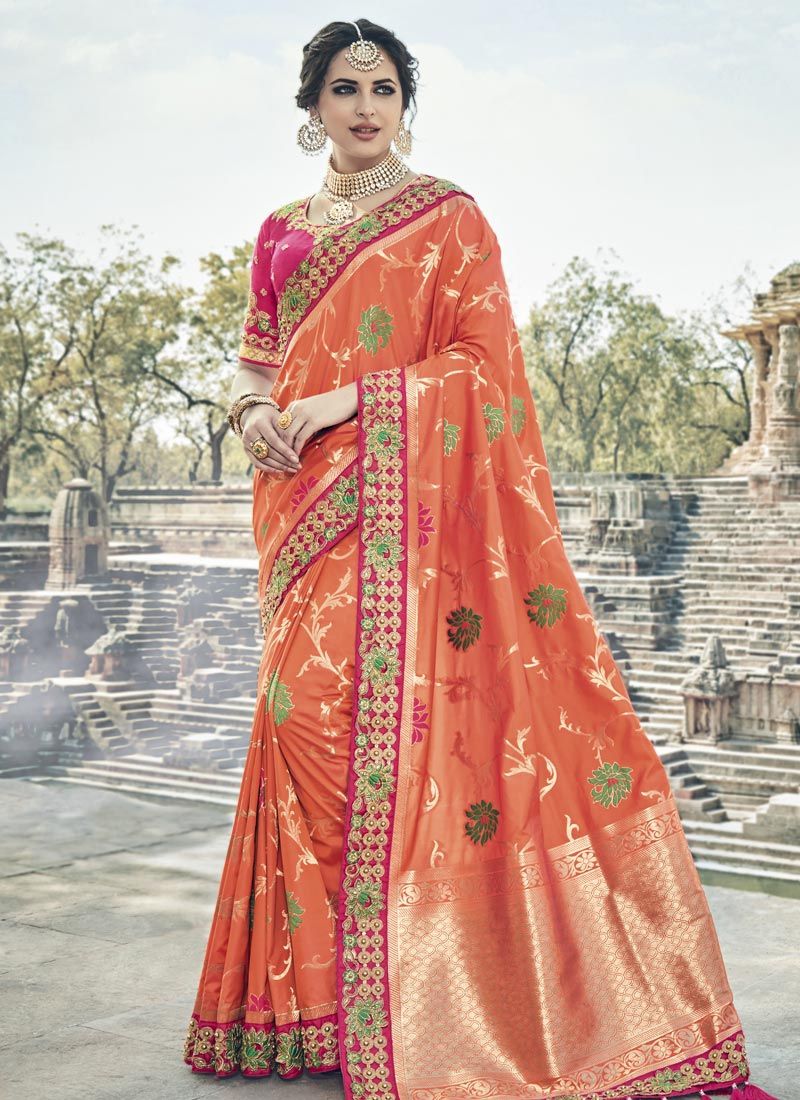 Buy Orange and pink silk wedding wear saree in UK, USA and Canada