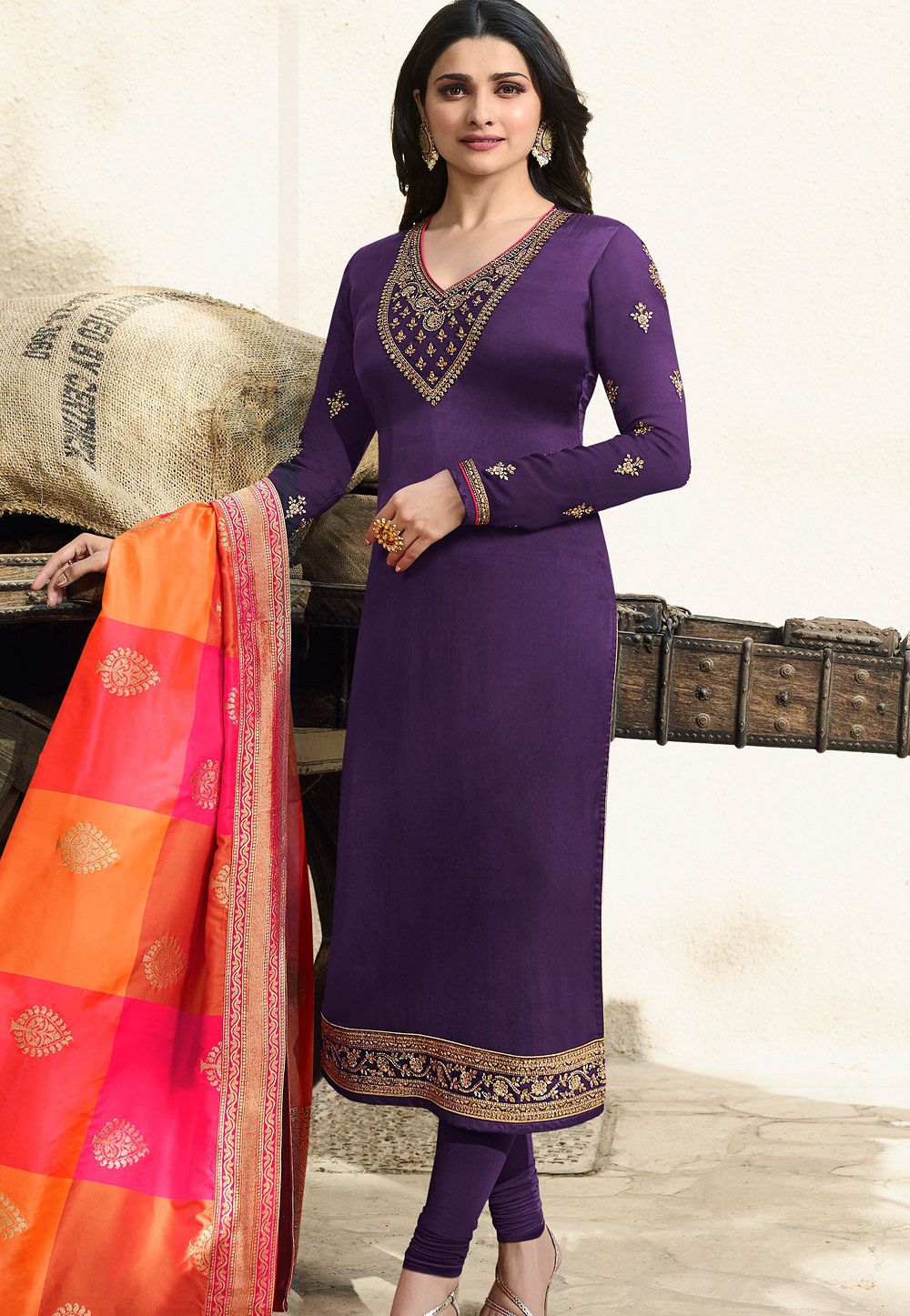 prachi desai mauve satin georgette straight cut suit with banarasi ...