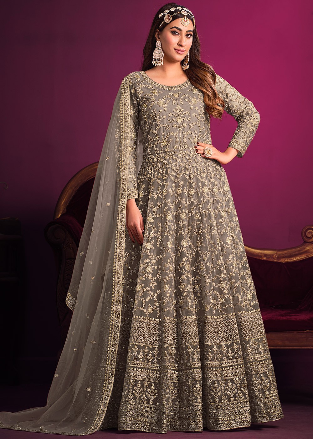 grey color anarkali dress Women's Granny Grey Cotton Gota Anarkali Suit Set Green / XS