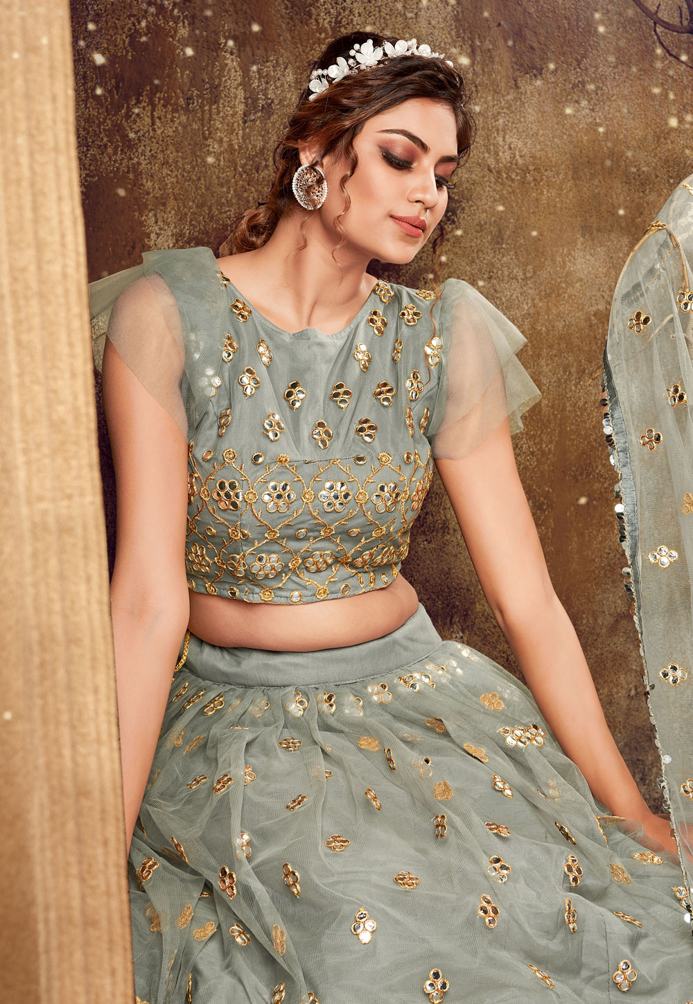 grey net lehenga choli