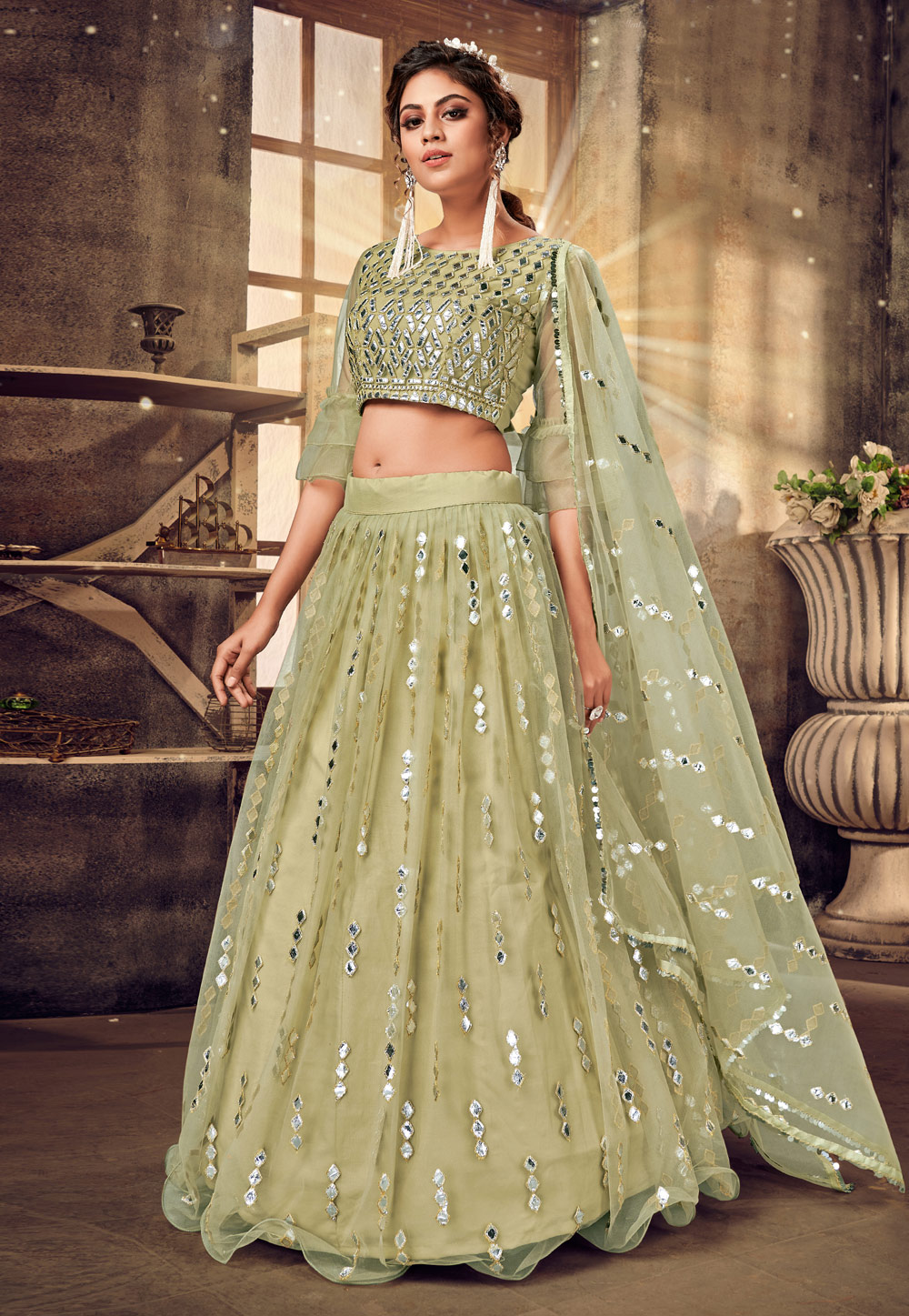 Enthralling dark rama green thread and sequins embroidered party wear  lehenga choli