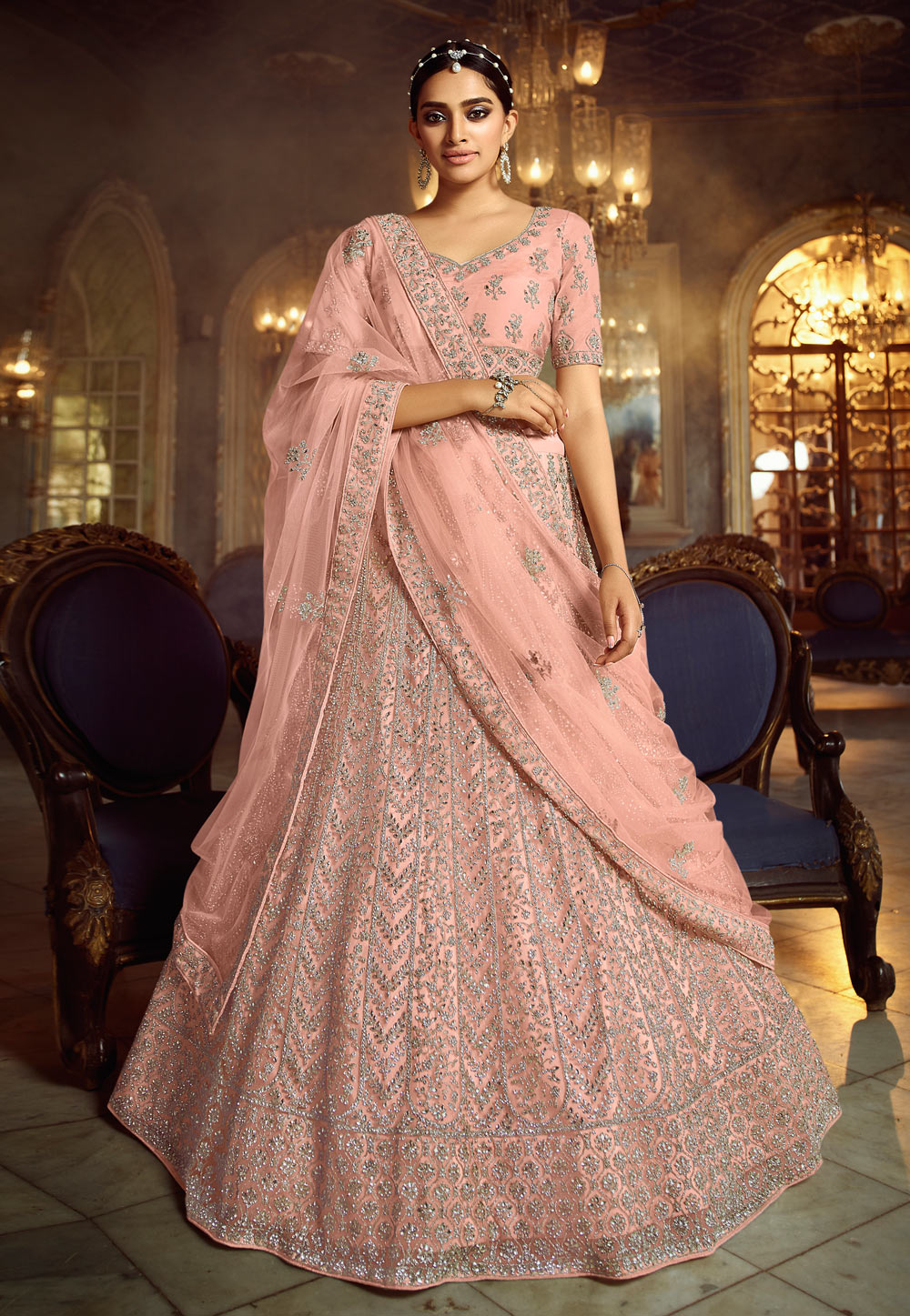 Peach net circular party wear lehenga ...