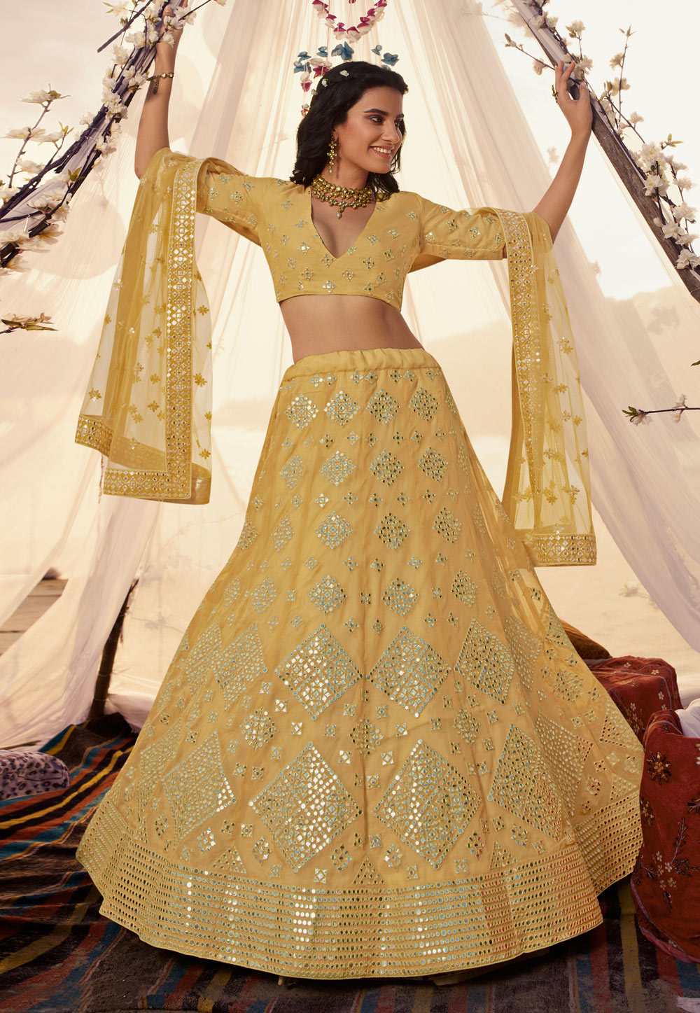 Yellow organza circular mehendi lehenga ...