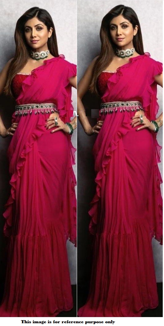 Buy Bollywood Shilpa Shetty Pink Georgette Ruffle sareein UK, USA and Canada