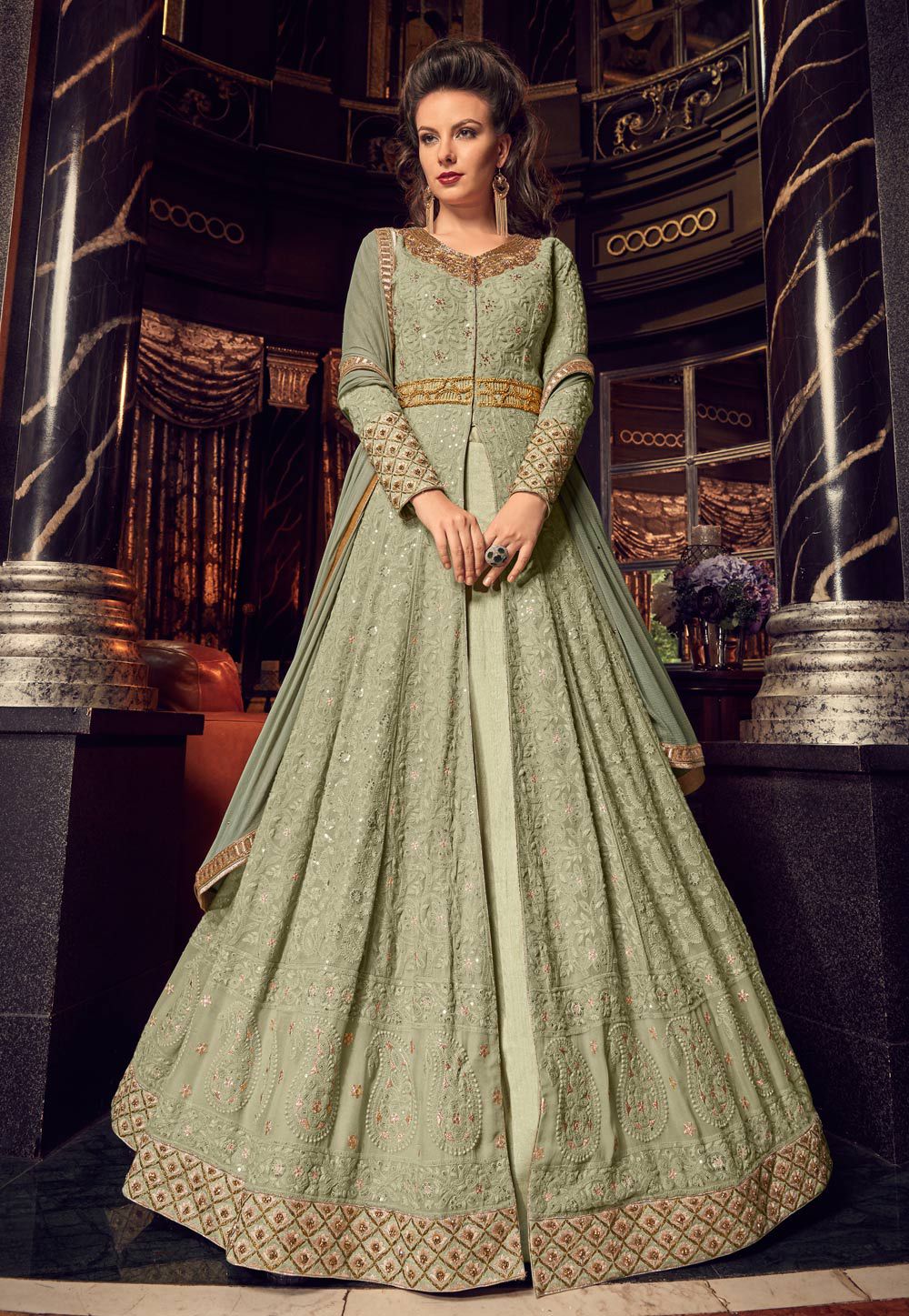 Buy Light green swiss georgette Indian Lehenga kameez 2 in 1 style in UK USA and Canada