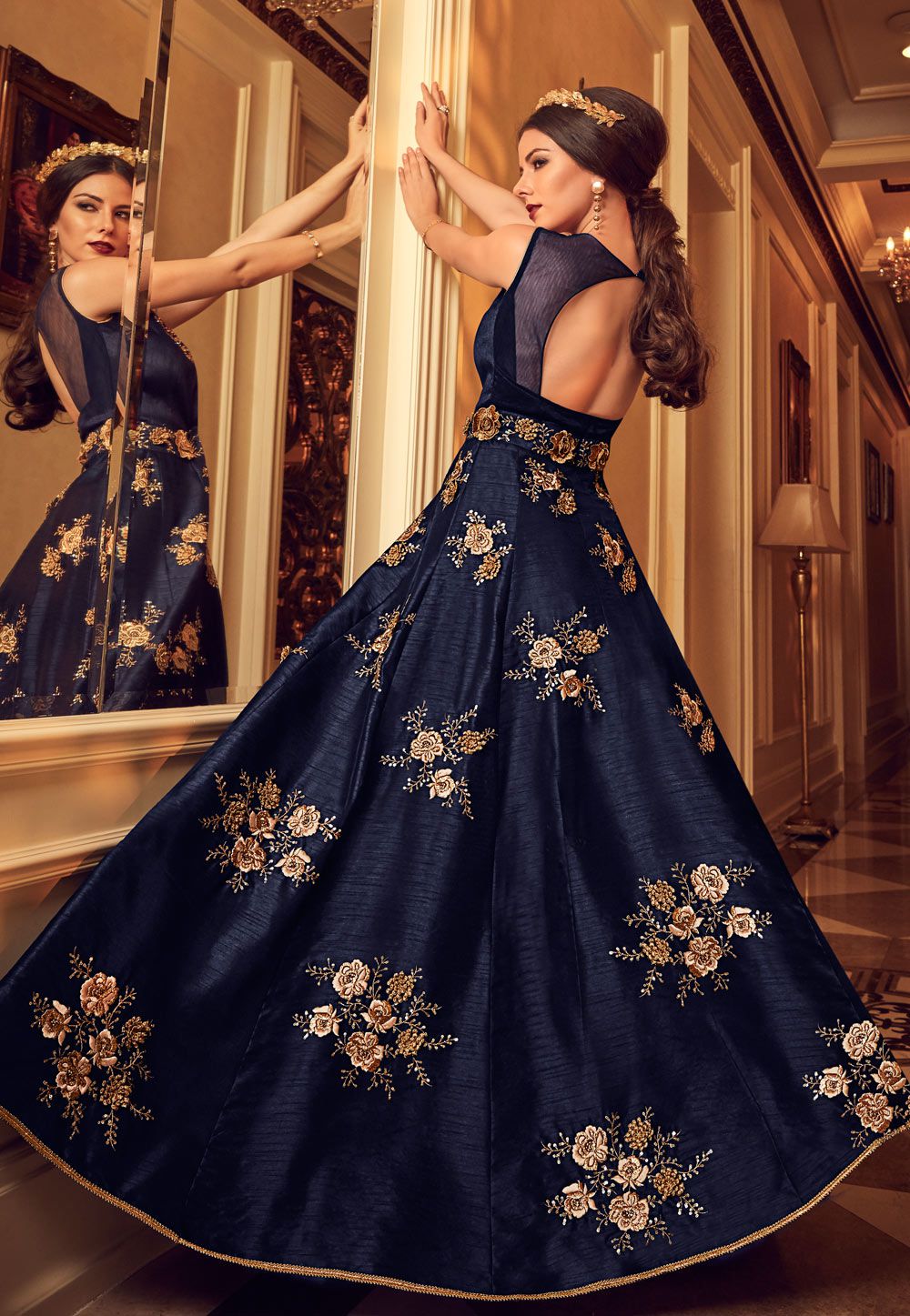 Buy Navy blue silk Indian gown style wedding anarkali in ...
