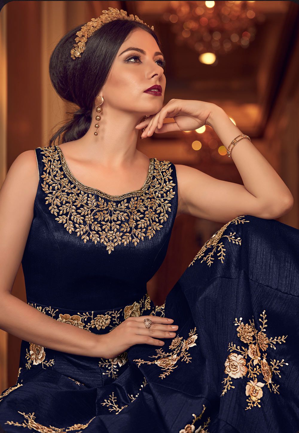 Navy Blue Long Trail Gown - Wedding Video Solution - Surat