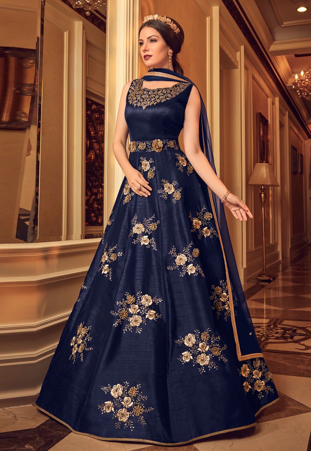 Affordable Navy Blue Bridesmaid Dresses 2020 A-Line / Princess Appliques  Lace Sequins Floor-Length / Long Ruffle Wedding Party Dresses