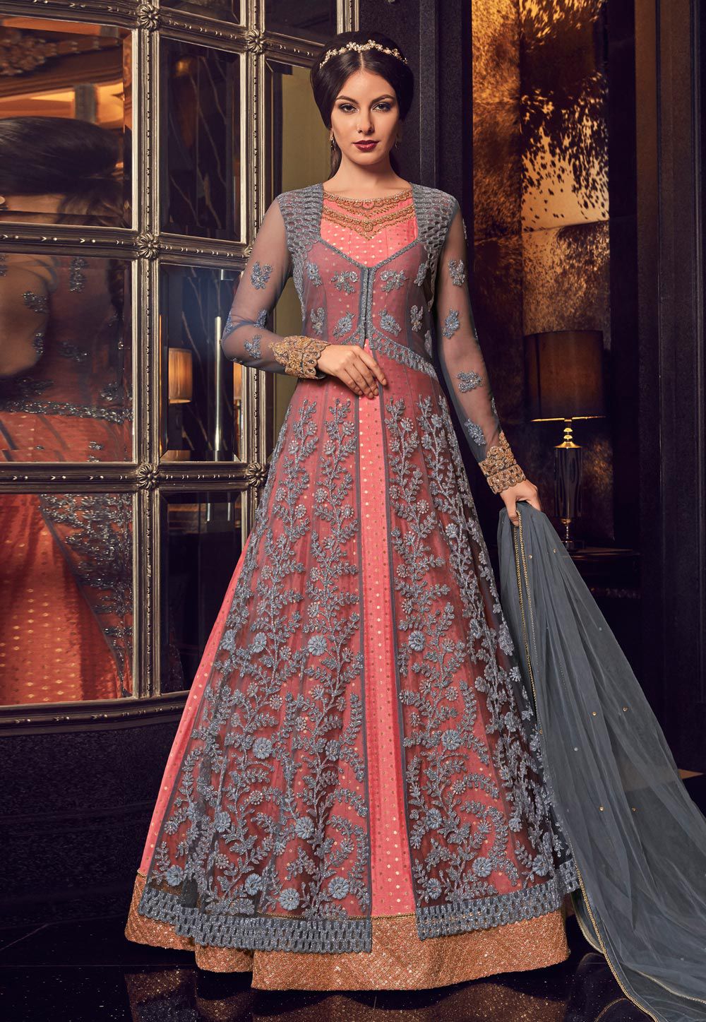 Buy Jacket Style Diwali Embroidered Indian Gowns Online for Women in USA