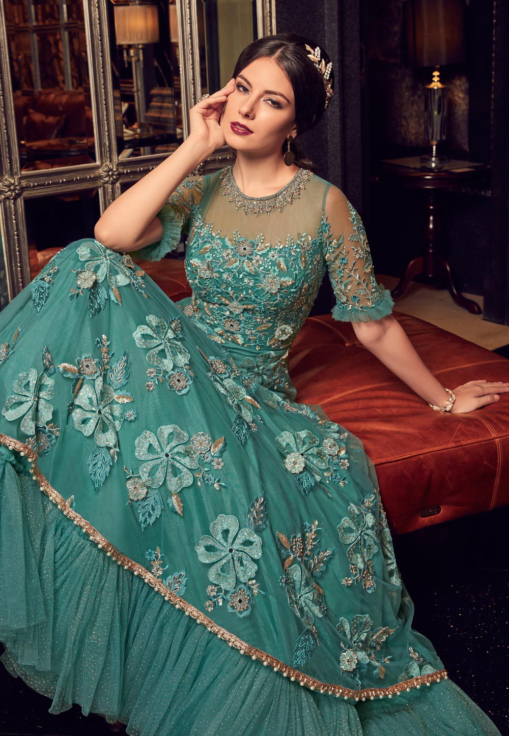 Buy Teal color  Net gown style Indian  wedding  anarkali in UK USA and Canada