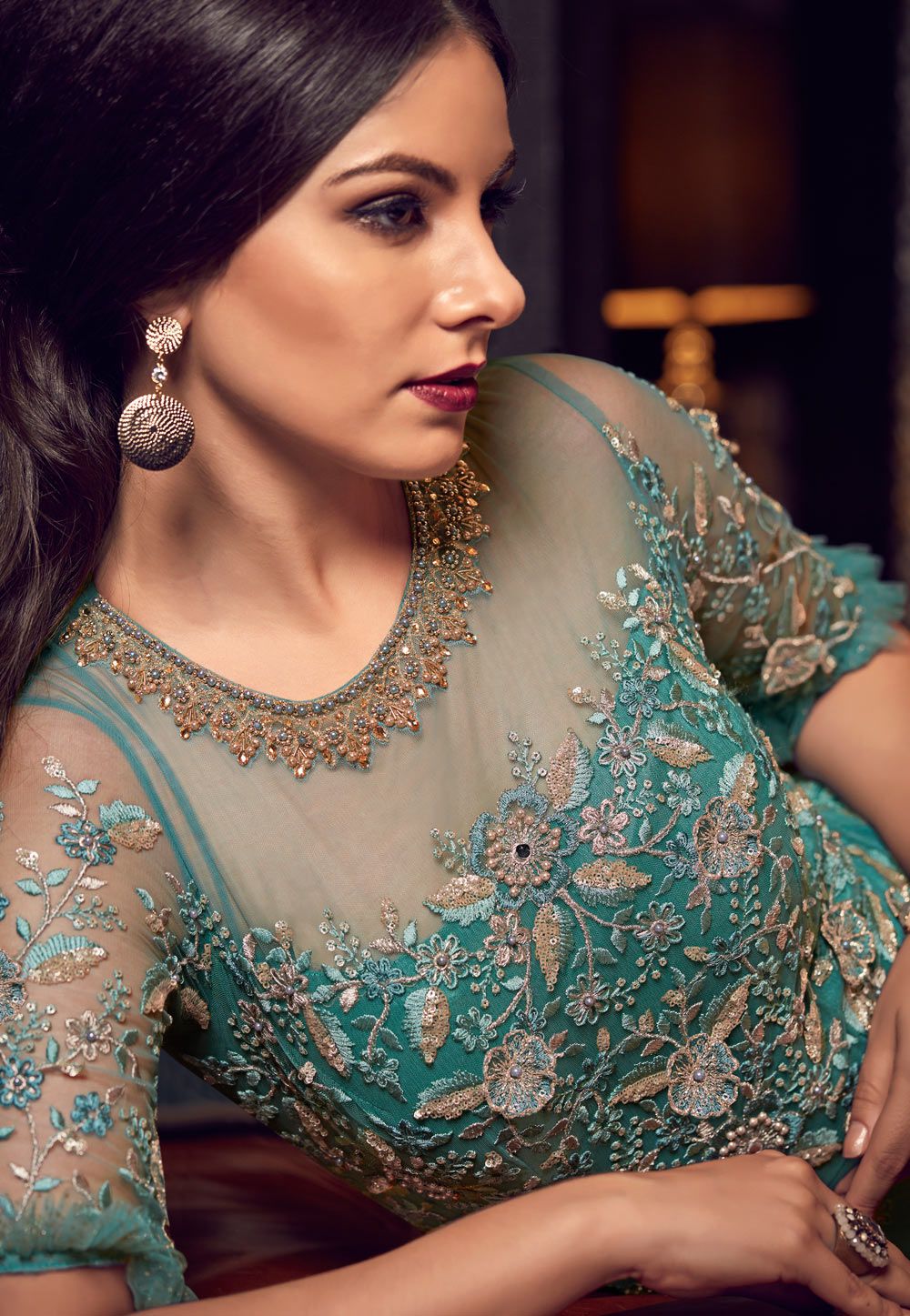 Buy Teal color Net gown style Indian wedding anarkali in UK, USA and Canada Buy Teal color Net gown style Indian wedding anarkali in UK, USA and Canada