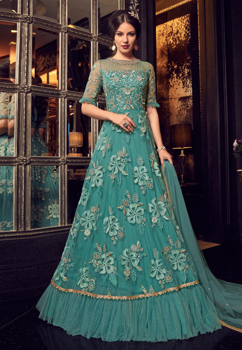 Turquoise color net Indian gown style Wedding anarkali kameez 5904