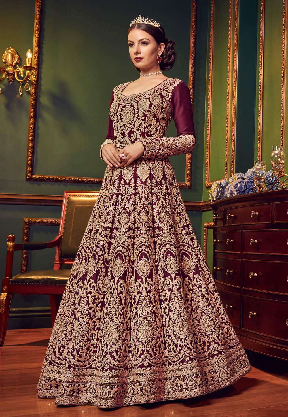Buy Wine color  Silk Indian  wedding  anarkali in UK USA and Canada