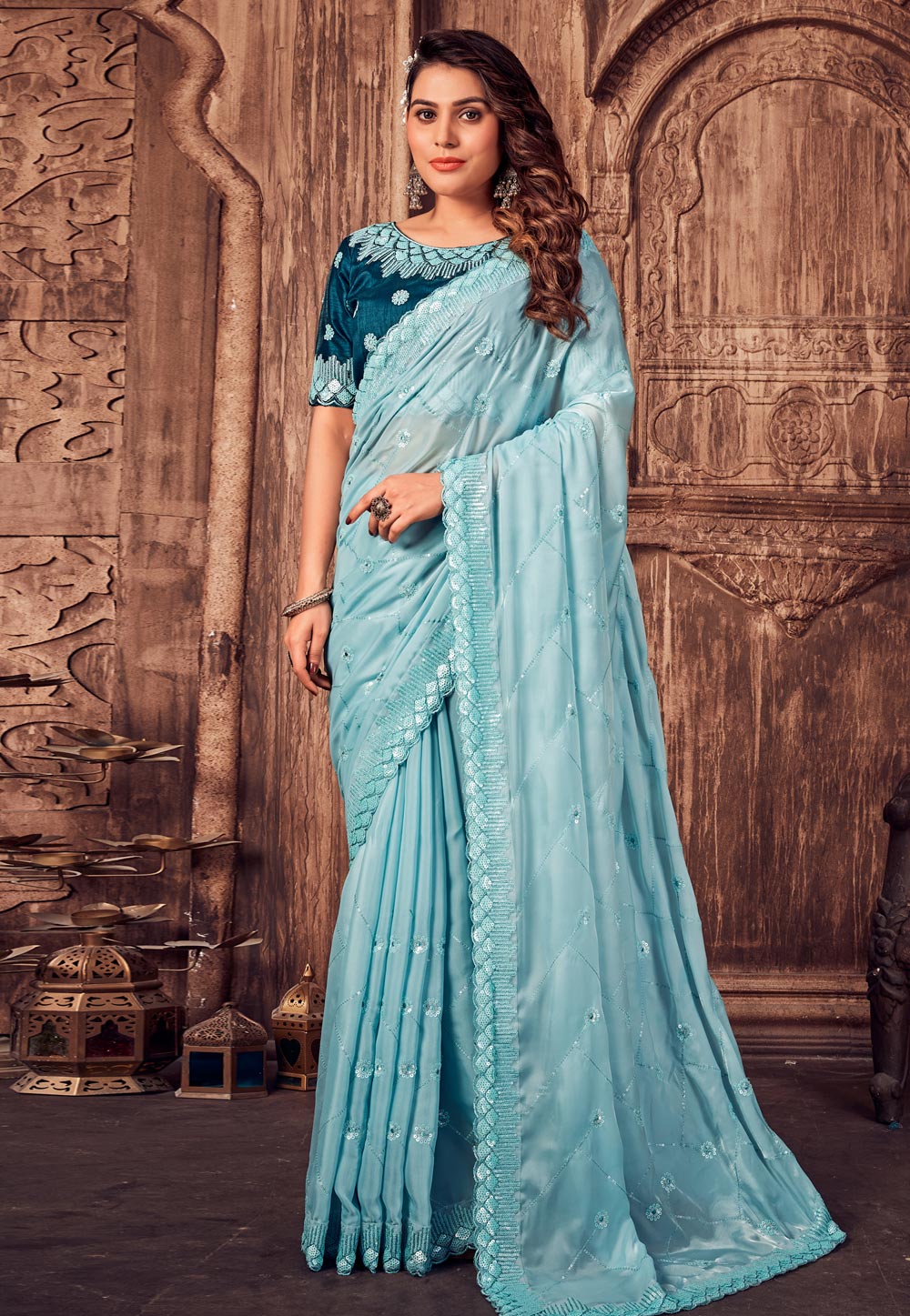 sky blue with three color combination border ikat saree and blouse