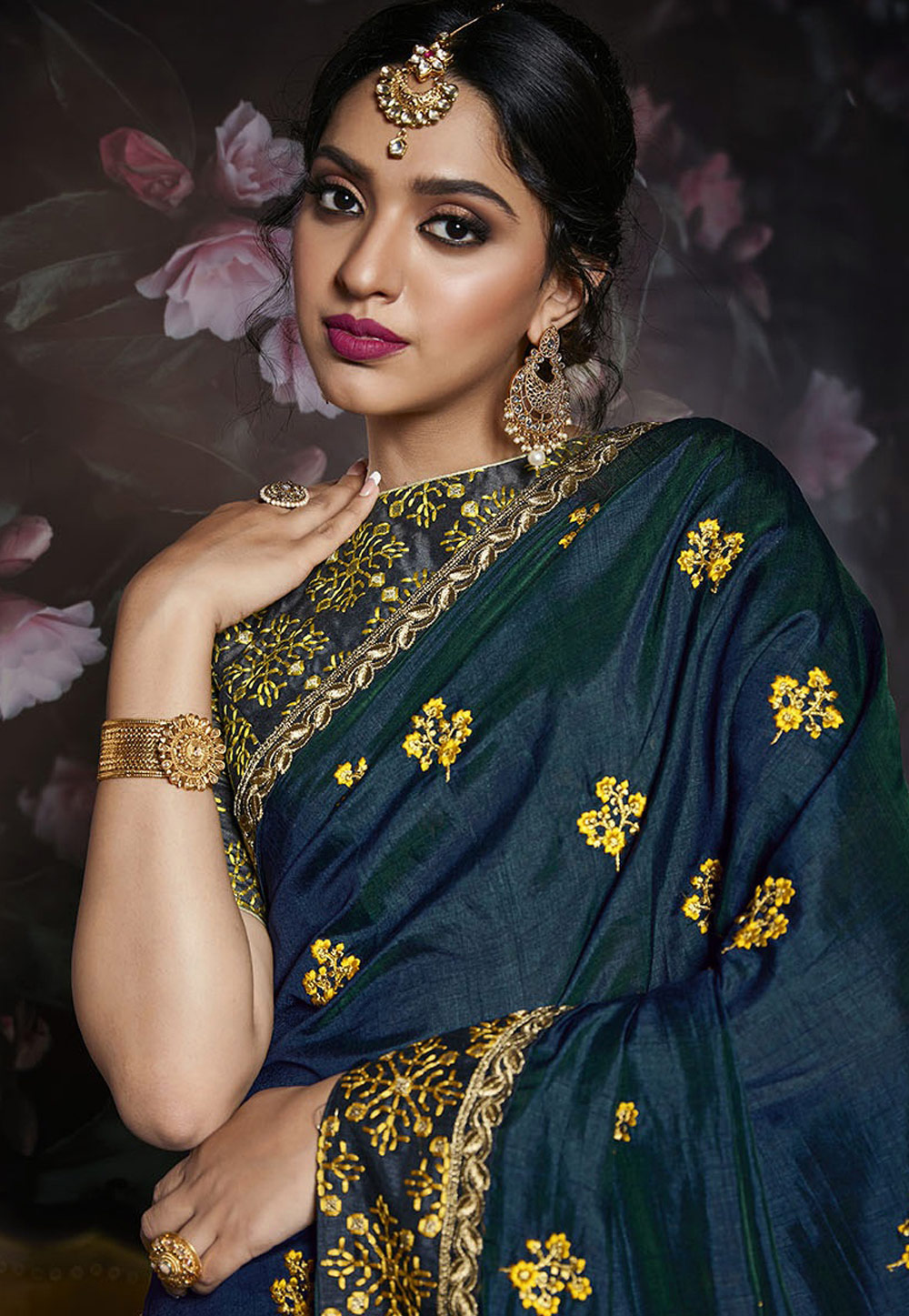 Blue silk embroidered saree with blouse 817