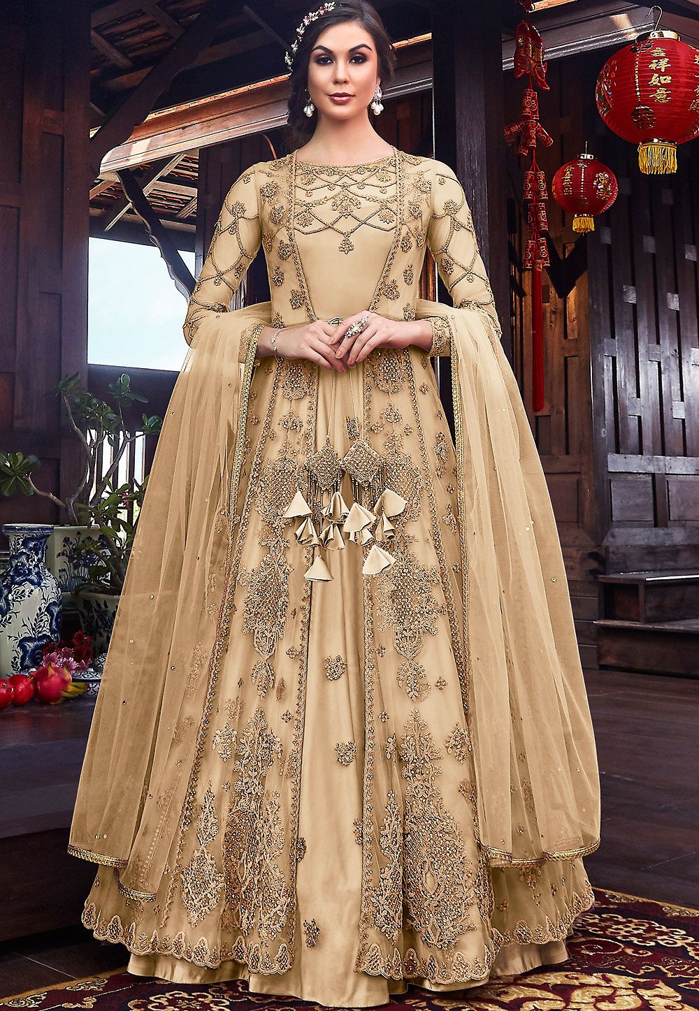 cream net embroidered floor length jacket style anarkali suit 6102c