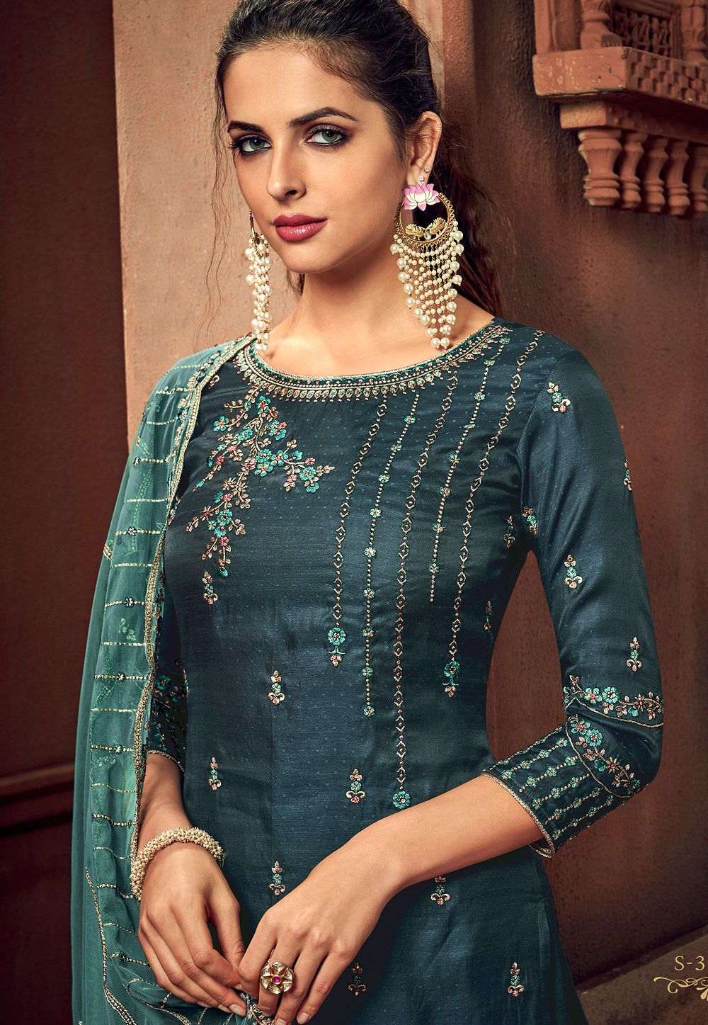 navy blue art silk embroidered straight palazzo suit 3105