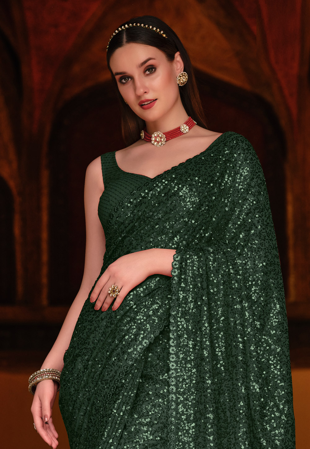 Green georgette festival wear saree 2045B