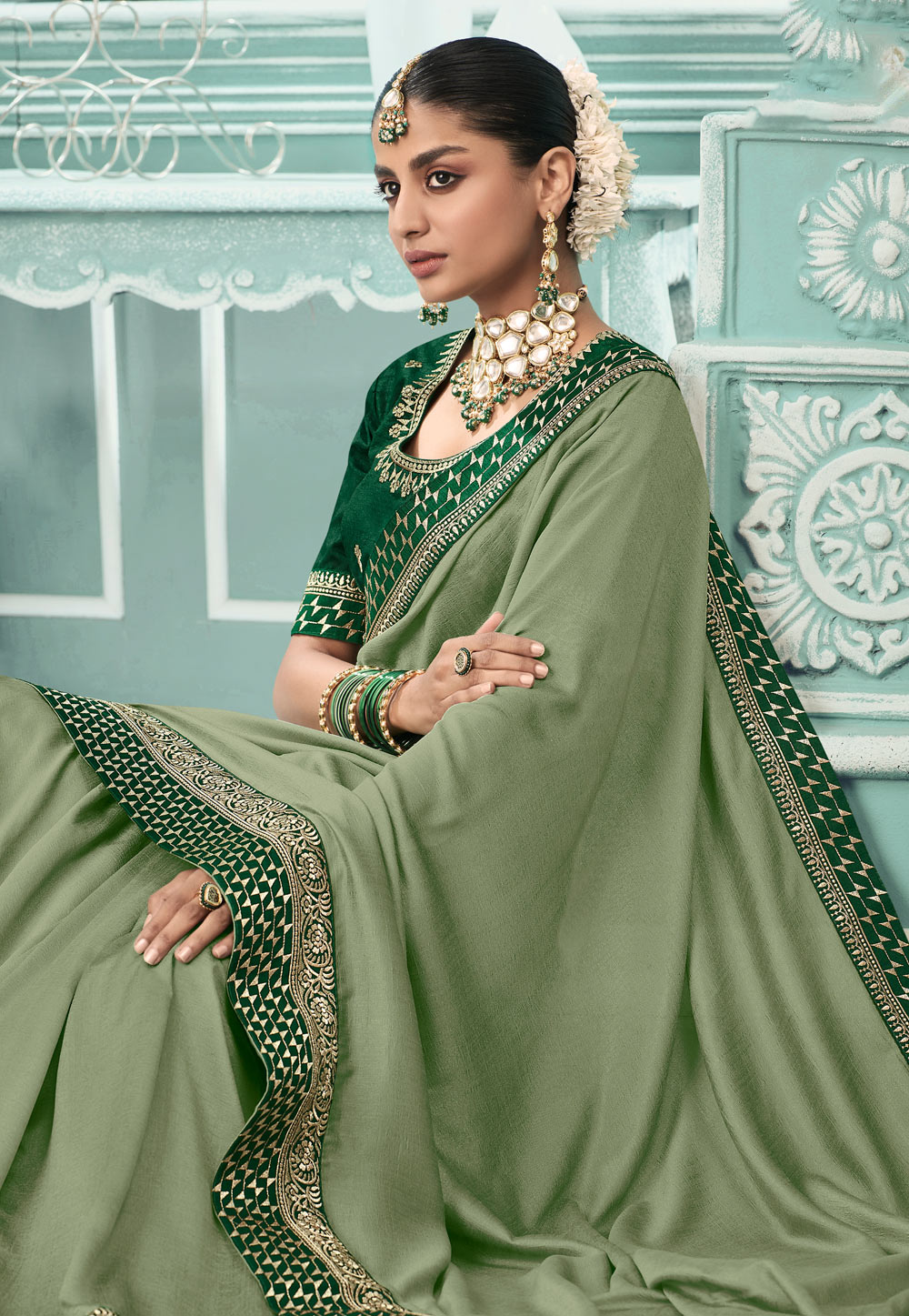 Light green silk festival wear saree 3508