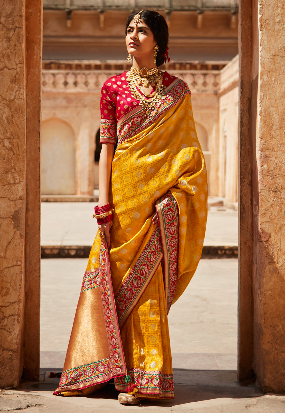 Yellow silk festival wear saree 1422