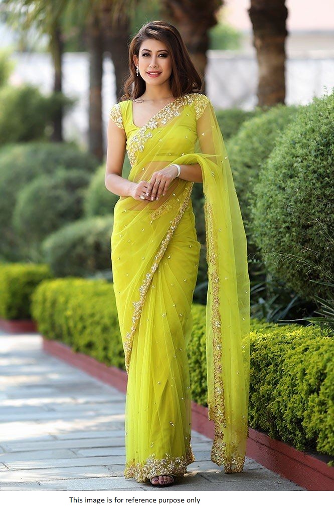 Buy Bollywood Model Parrot green net party saree in UK, USA and Canada