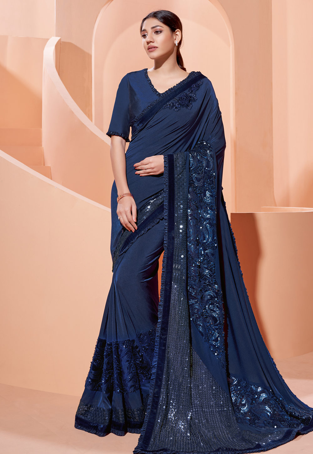 Blue lycra saree with blouse 41311
