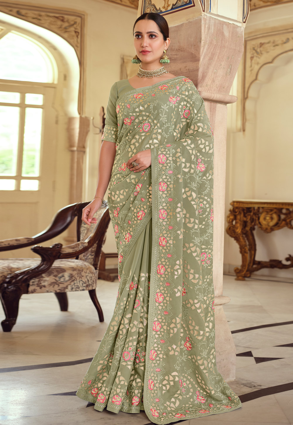 Light green satin georgette saree with blouse 7532