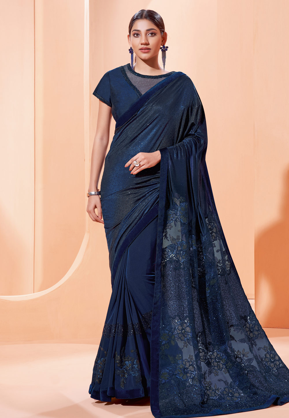 Navy blue lycra saree with blouse 41303