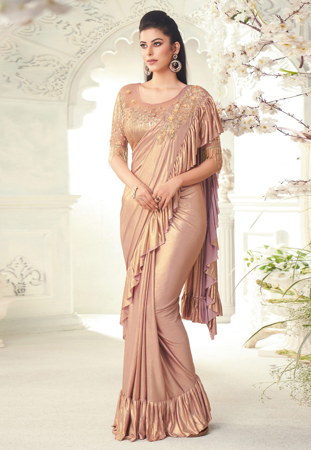 Peach silk ruffle border saree 7104