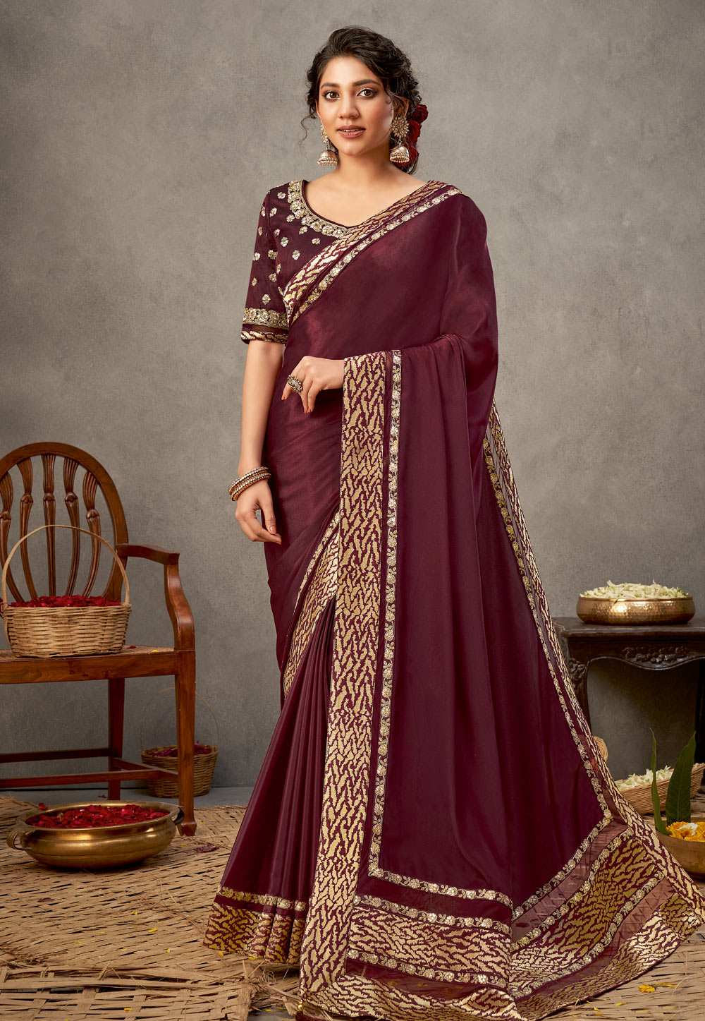 Wine Satin Silk Festival Wear Saree 41518 