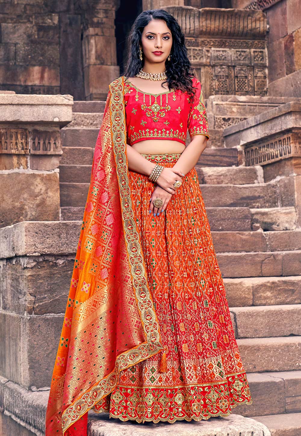 Orange silk embroidered lehenga choli 133213