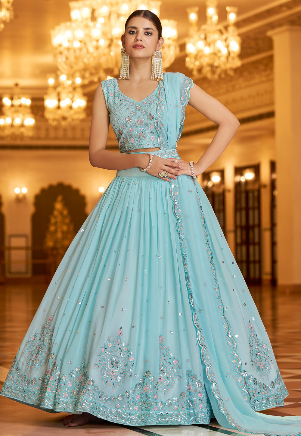 Sky Blue Color Embroidery Work Gown With Multi Print Dupatta – Amrutamfab