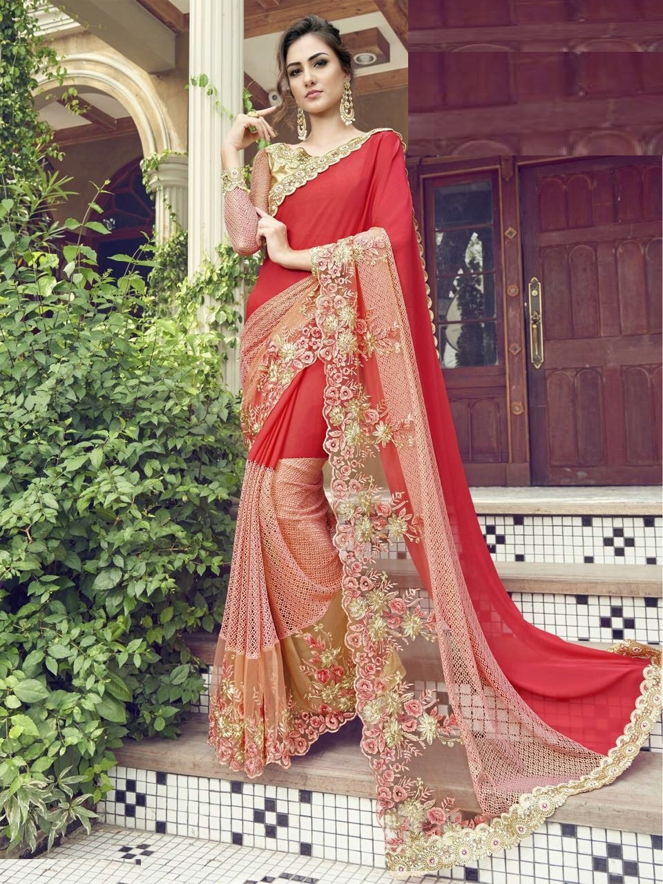 RED SAREE , INDIAN PARTY WEAR SAREE , GEORGETTE SAREE , DESIGNER SAREE