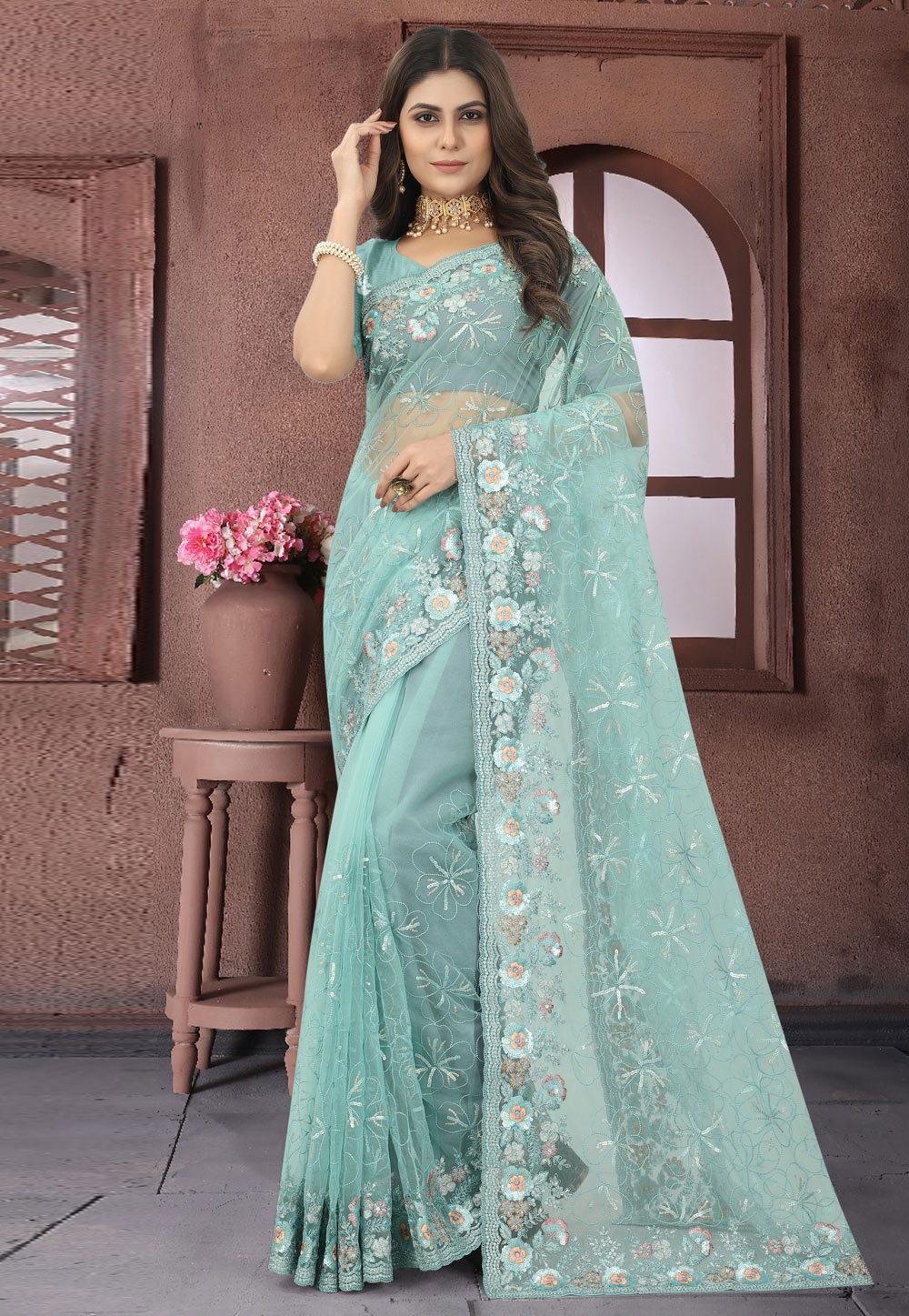 Net Saree with blouse in Sky blue colour 6893