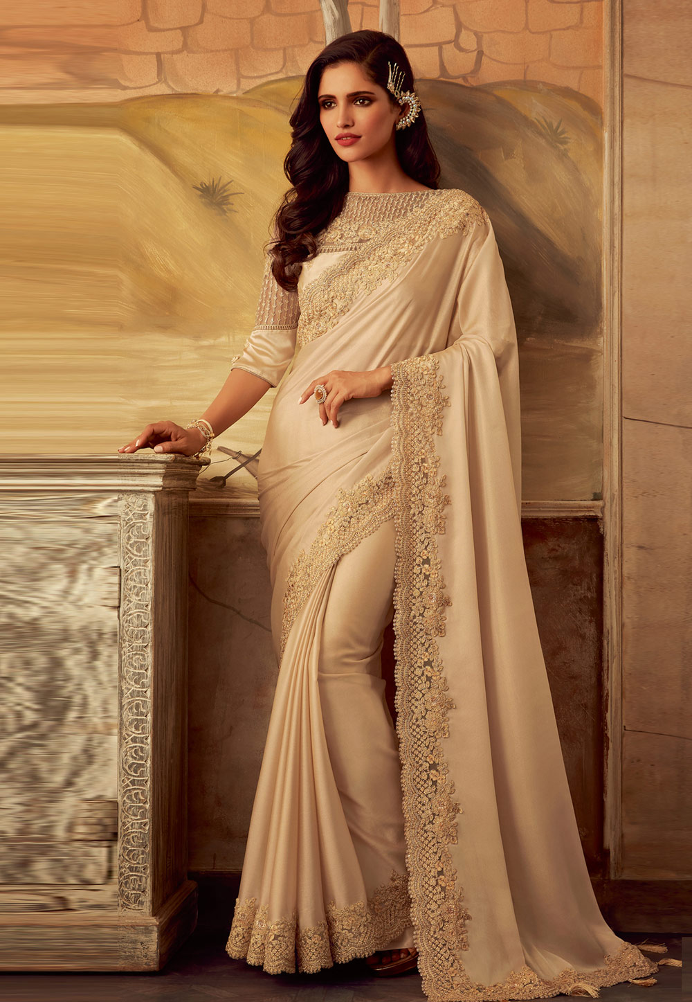 Beige Woven Silk Saree With Blouse 5118SR11