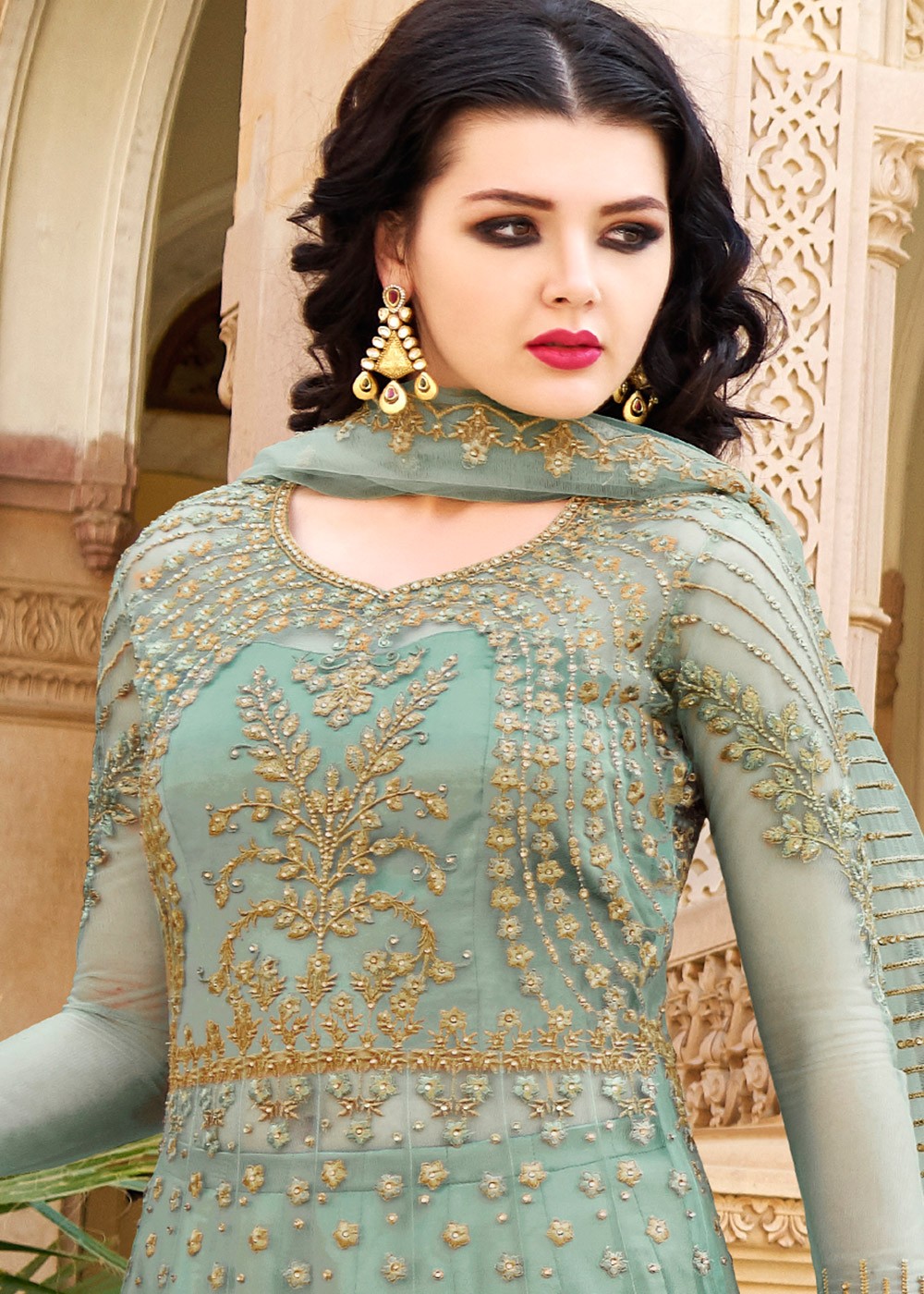 Mint Green Asymmetric Net Kurti Style Lehenga Choli Lehenga 1733LG07