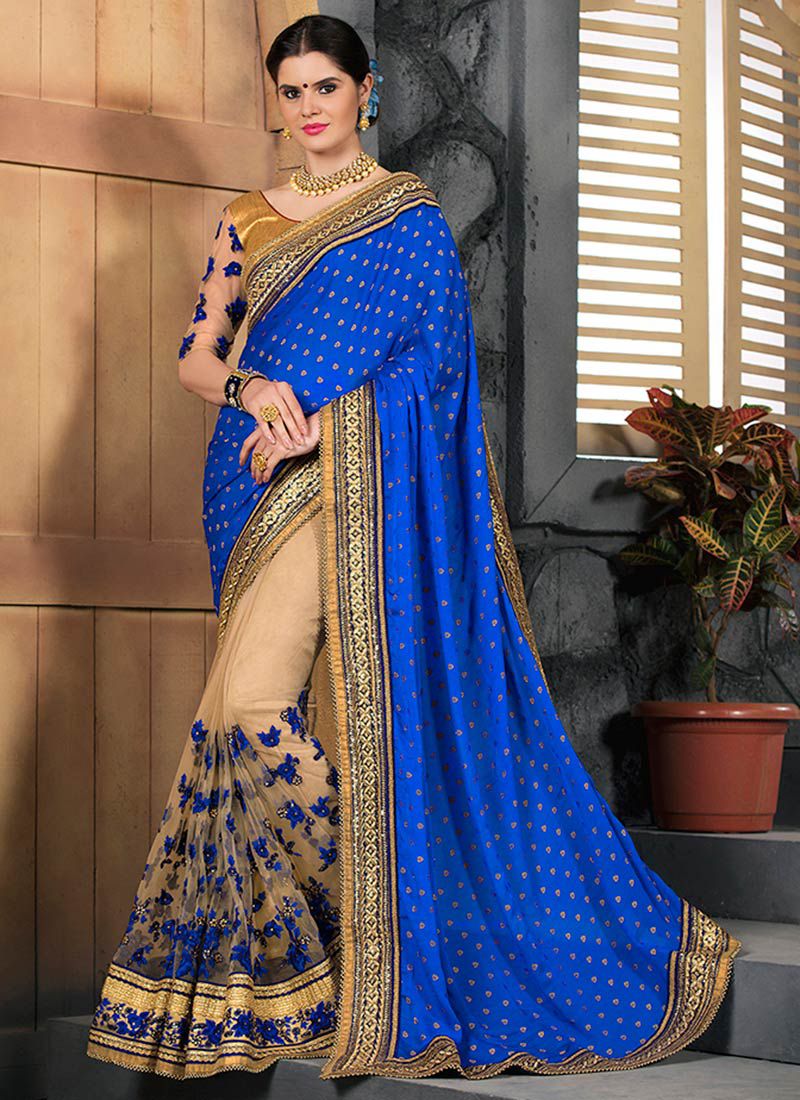 royal blue party wear saree