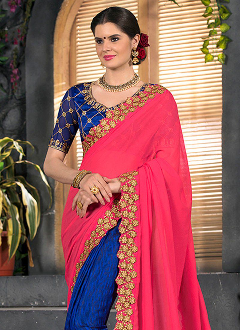 Blue and pink party wear saree 2004