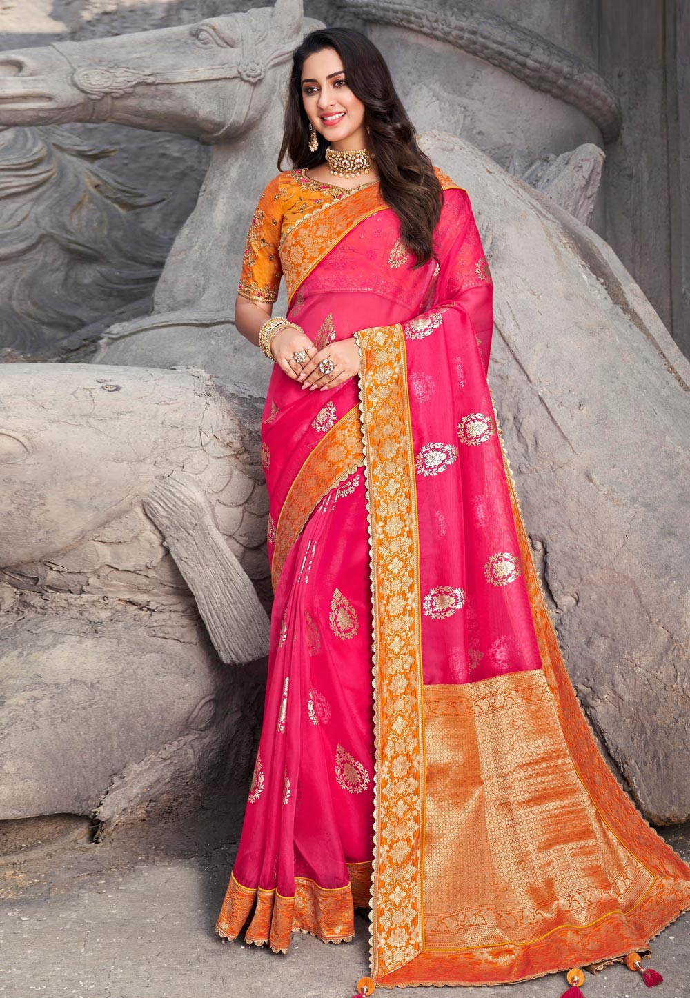 Engagement, Traditional, Wedding Orange, Pink and Majenta color Kanjeevaram  Silk, Silk fabric Saree : 1890892