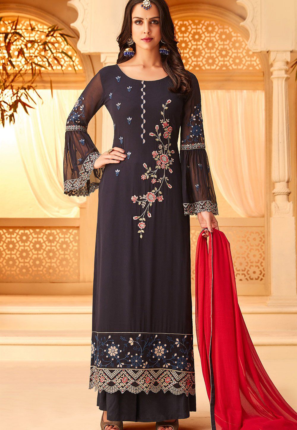 blue shade georgette embroidered palazzo style suit 5116