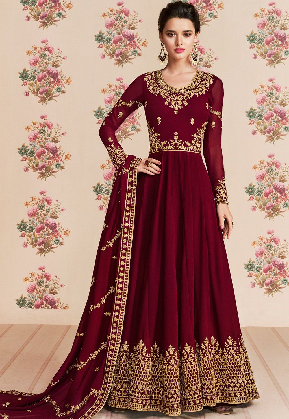 maroon georgette embroidered long anarkali suit 8189