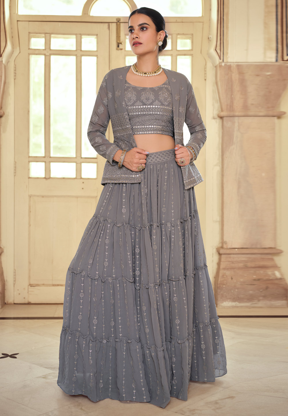 Gray Color Georgette Jacket Style Lehenga with Embroidery-tmf.edu.vn
